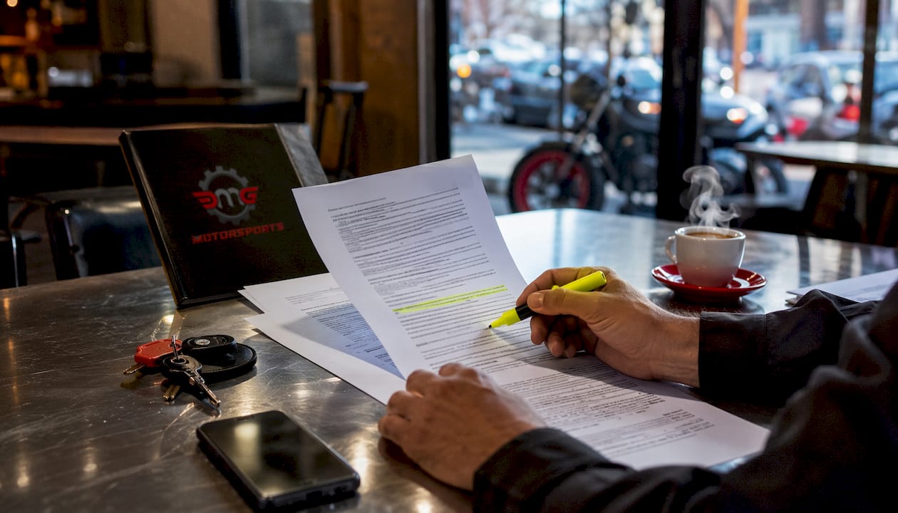 Close-up hands reviewing motorcycle insurance papers