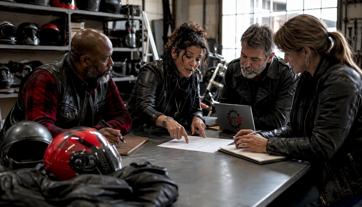 Motorcycle club members reviewing insurance paperwork