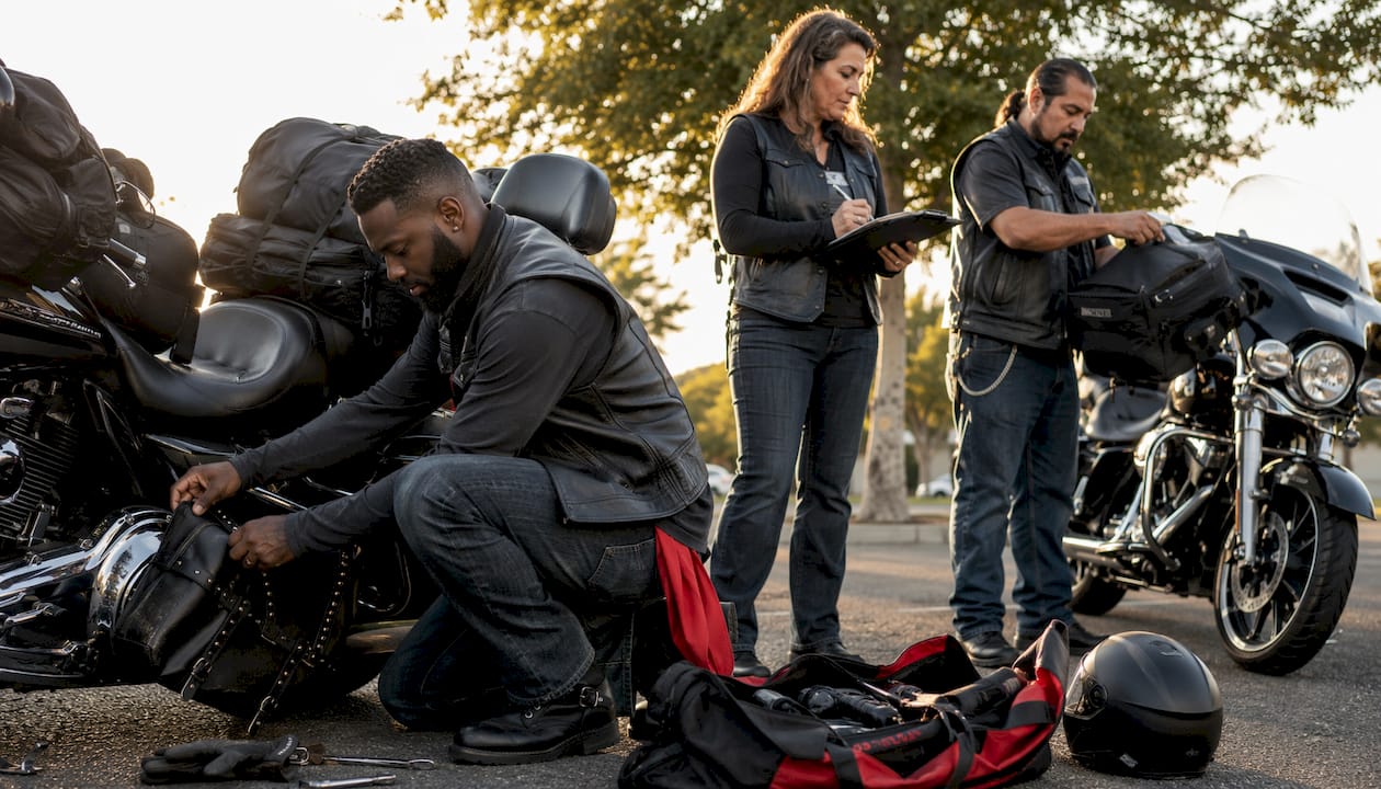 Motorcycle club riders planning luggage loading