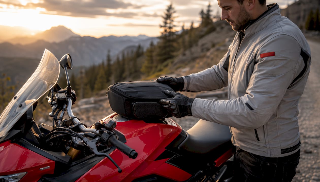 Close-up of attaching motorcycle tank bag