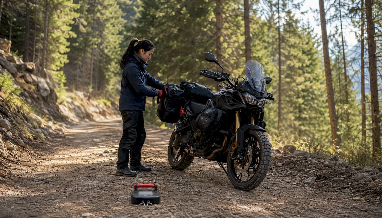 Rider adjusting saddlebags for balanced load