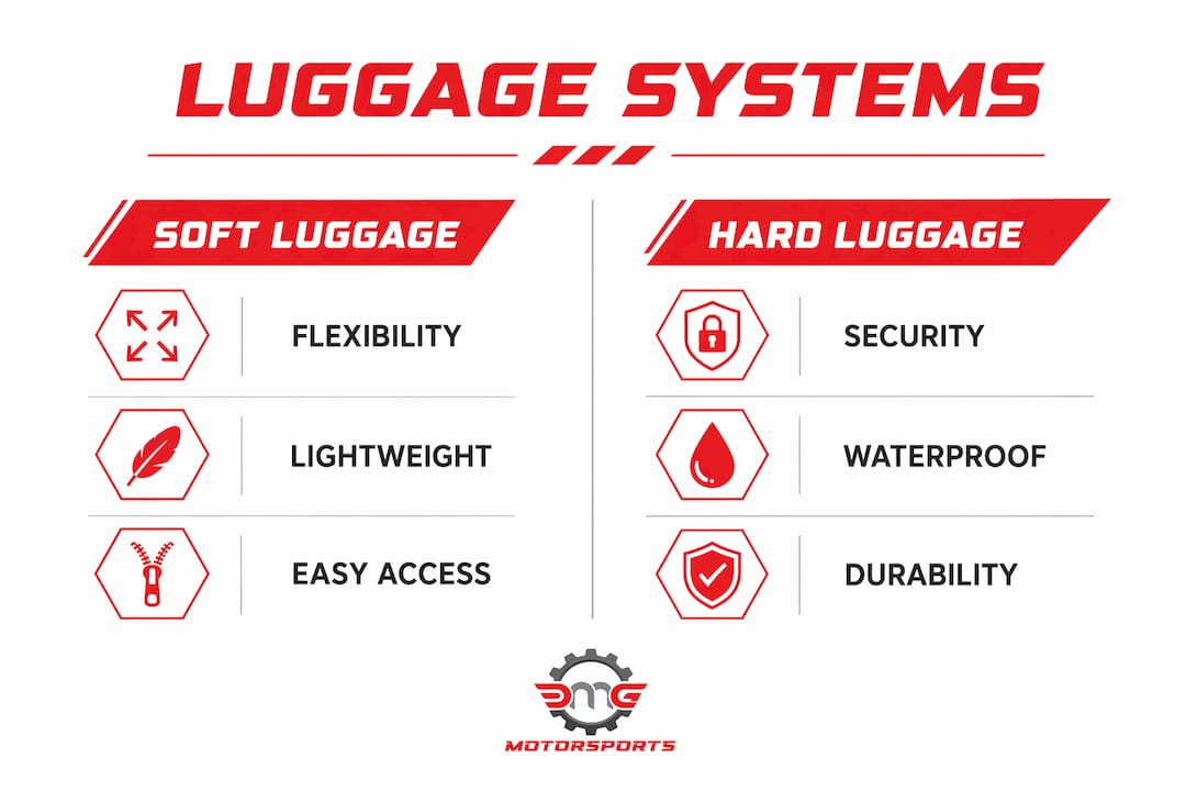 Infographic comparing soft and hard motorcycle luggage