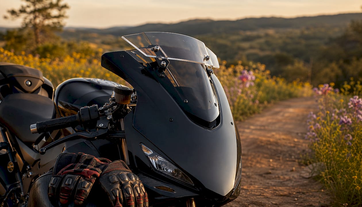 Top-edge spoiler on sportbike windscreen close-up