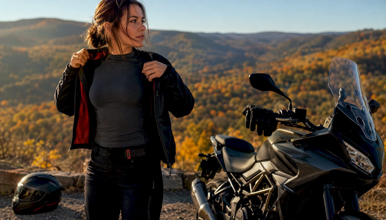 Woman layering riding apparel outdoors during fall