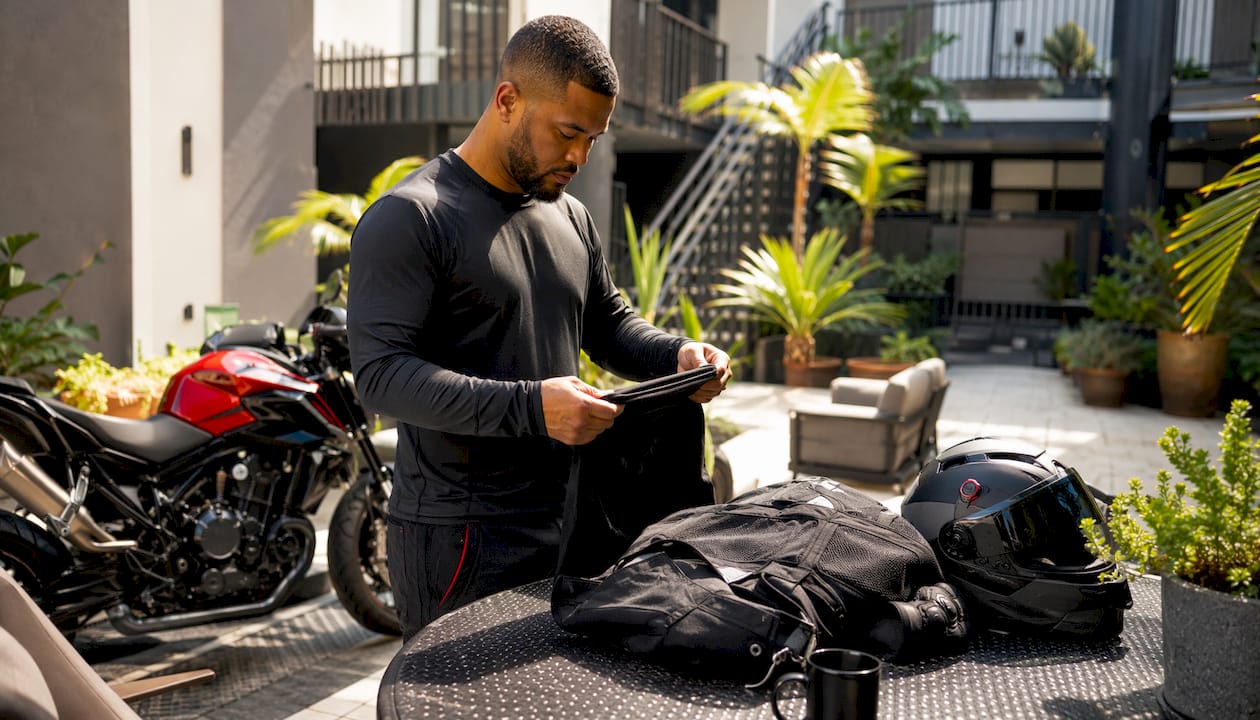 Motorcyclist prepares year-round riding gear indoors