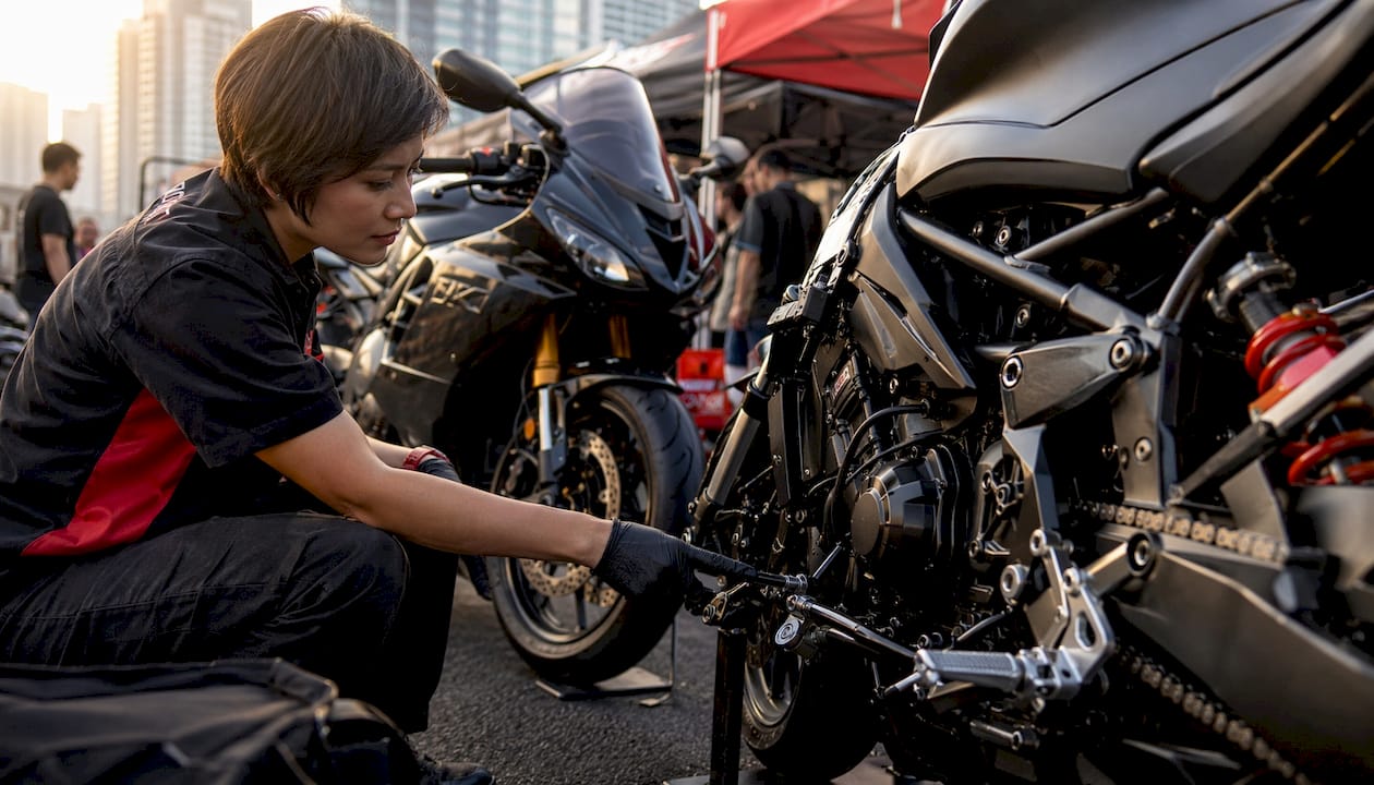 Technician comparing types of quickshifters on motorcycles