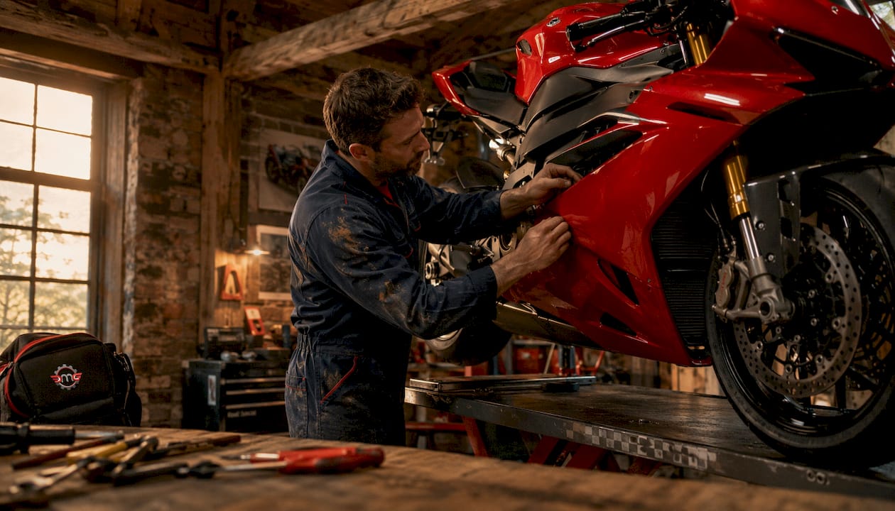 Mechanic inspecting sportbike aerodynamic fairings