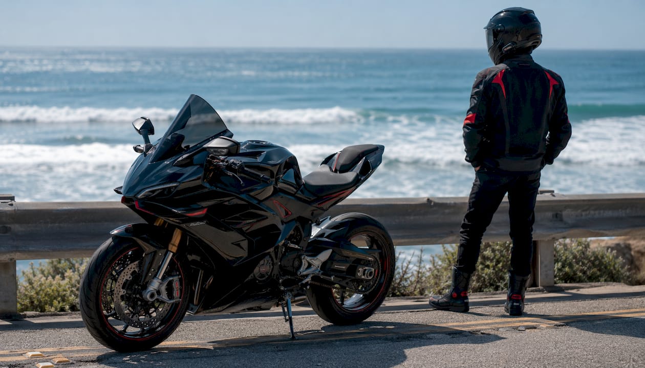 Side view of aerodynamic sportbike fairings and winglets