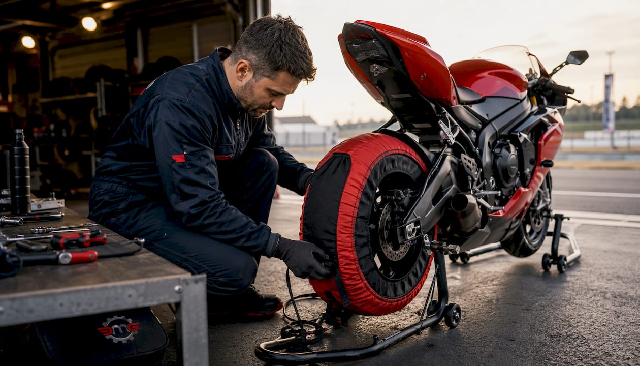 Fitting tire warmers on sportbike tire in garage