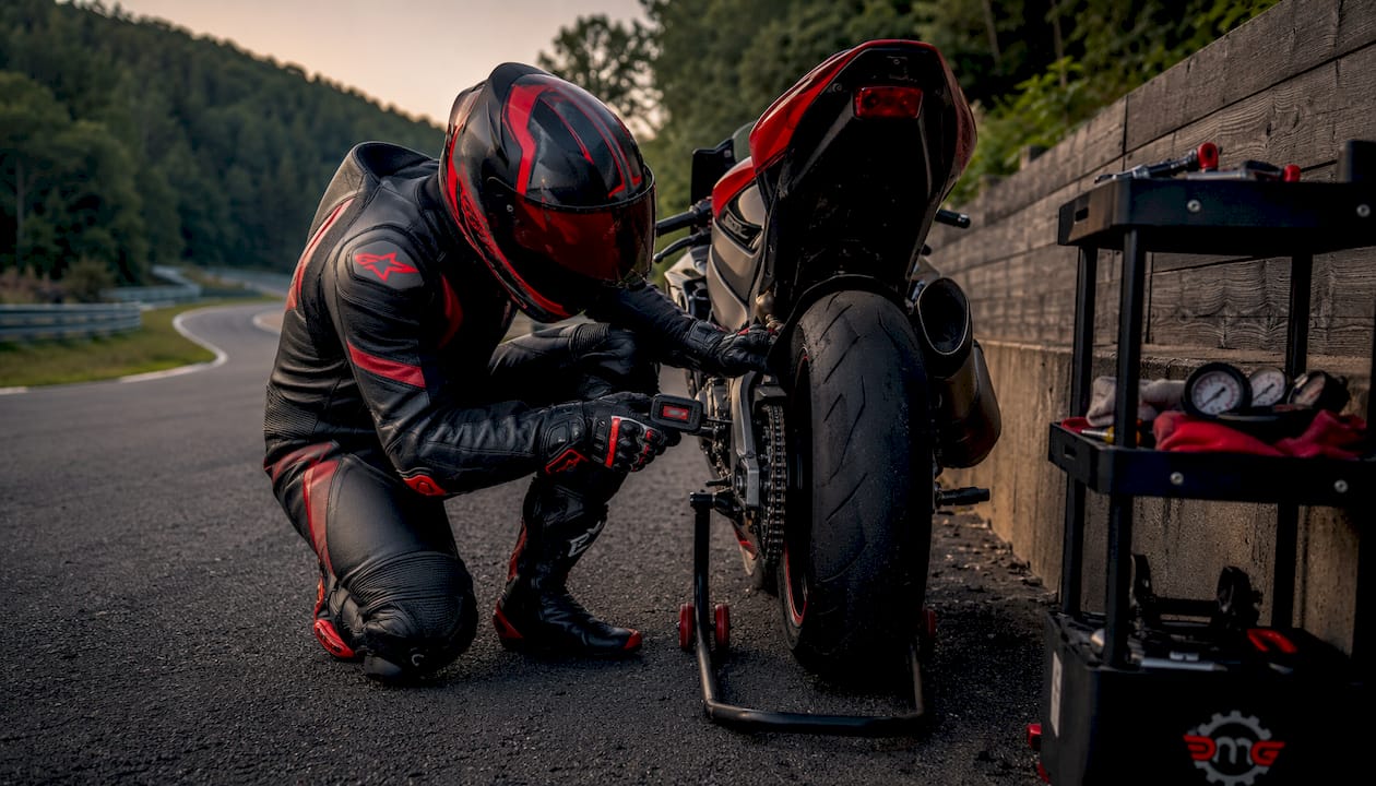 Rider checking sportbike tire temperature at track