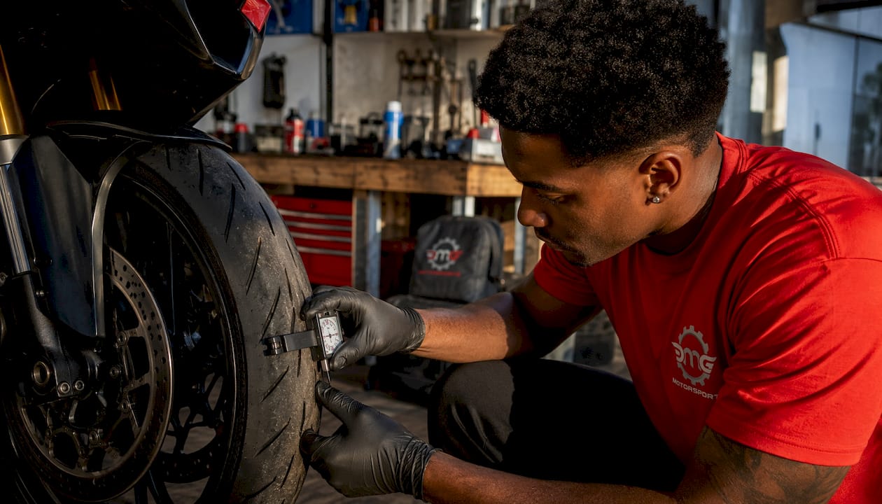 Technician measuring sportbike tire tread depth