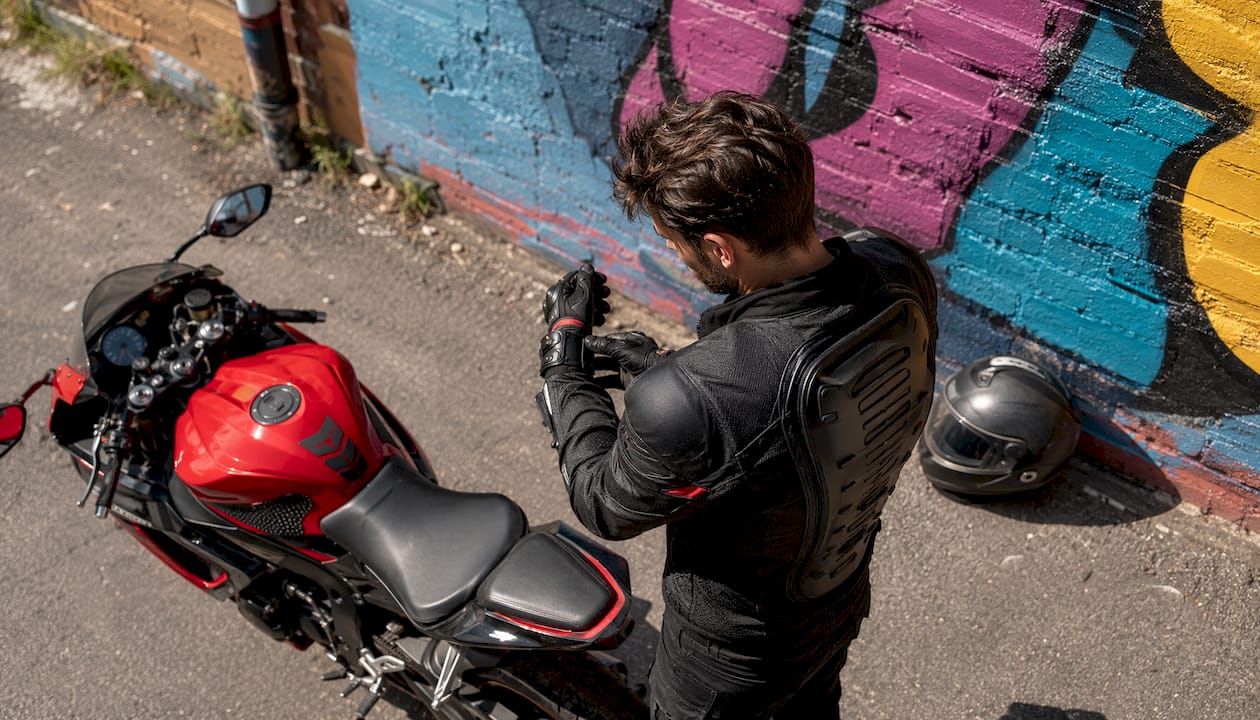 Sportbike rider wearing back protector gearing up