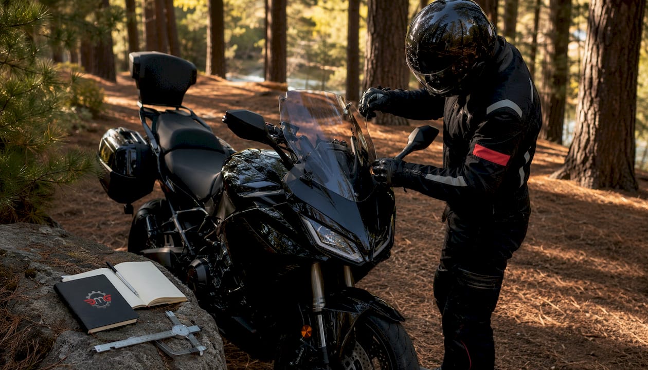 Motorcyclist adjusting windshield outdoors at test site