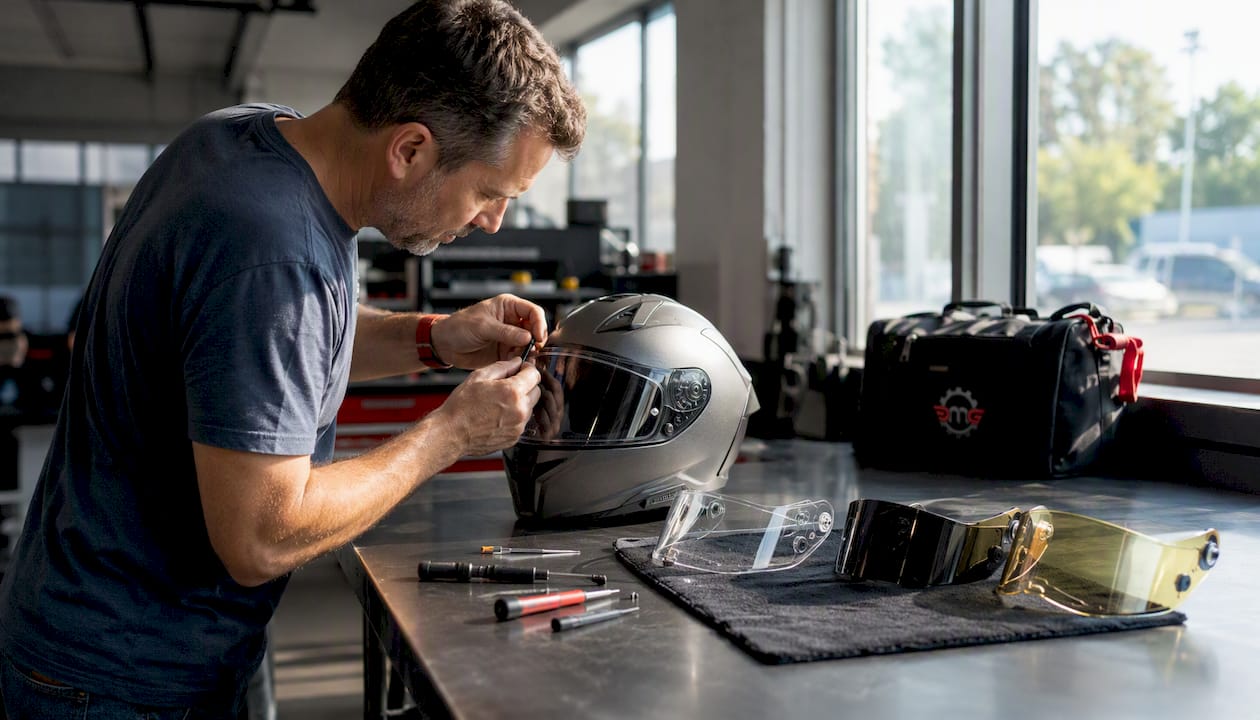 Man preparing motorcycle helmet for visor replacement
