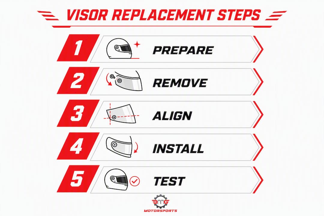 Infographic showing helmet visor replacement steps