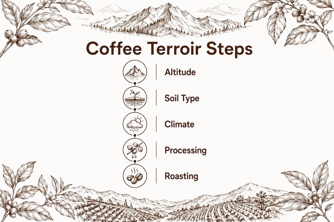 Infographic outlining coffee terroir factors in steps