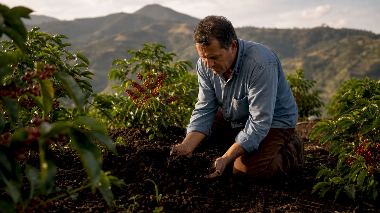 Hands holding volcanic soil near coffee plants