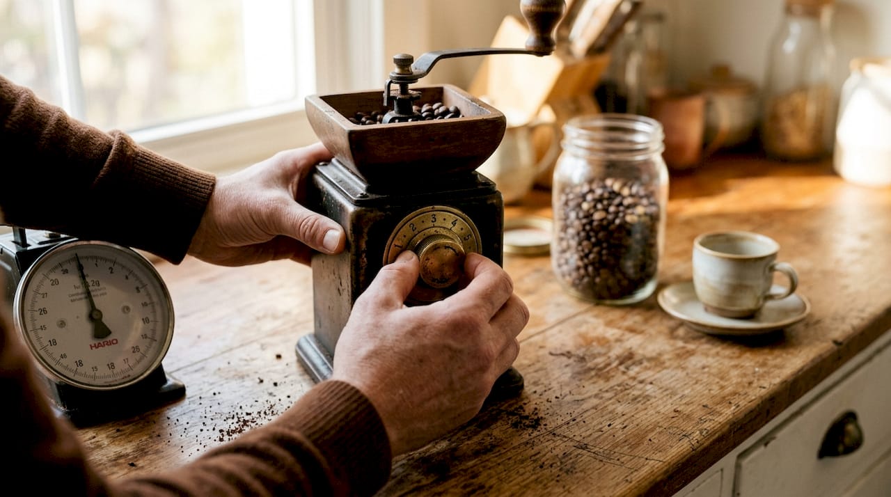 Hands adjusting coffee grinder for batch brew