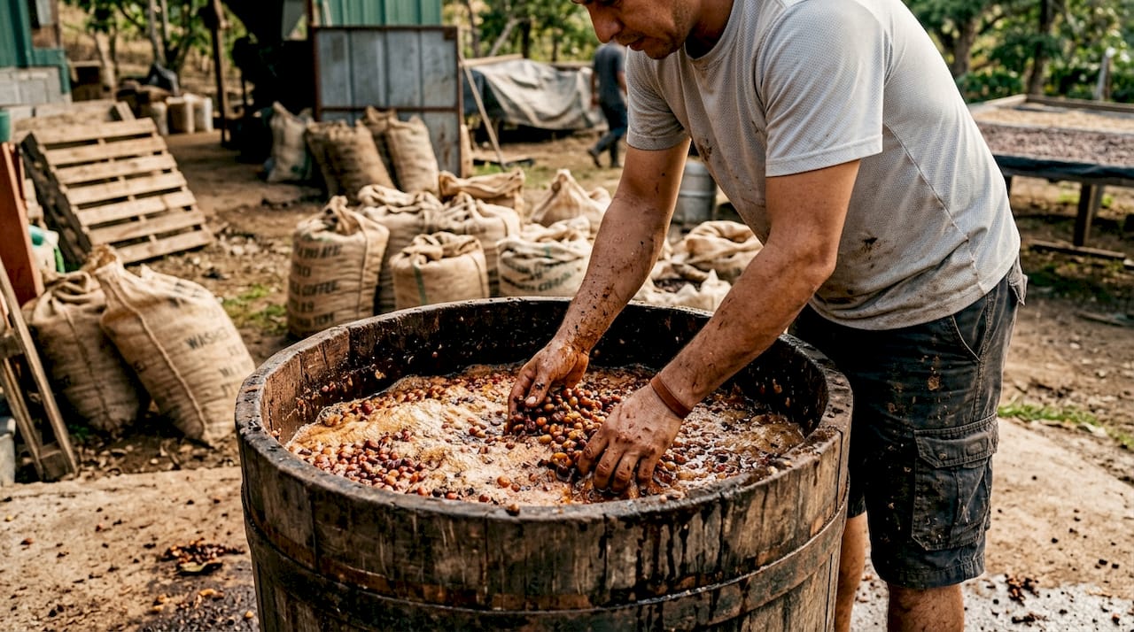 Hands stirring coffee fermentation tank