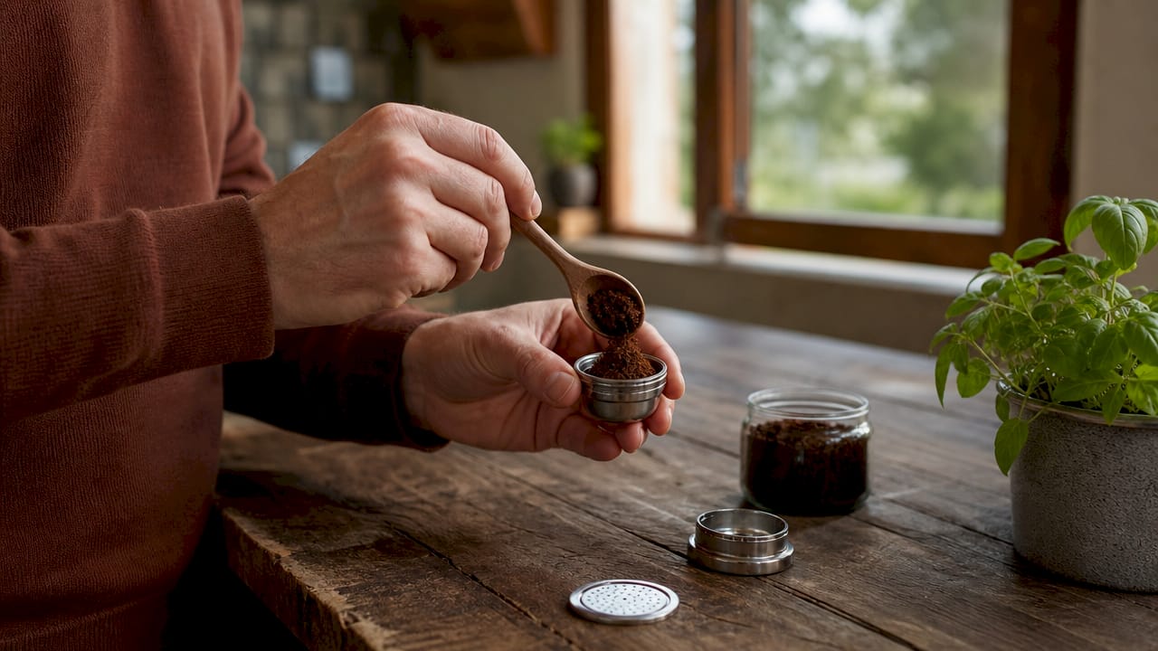 Hands filling reusable stainless steel coffee capsule