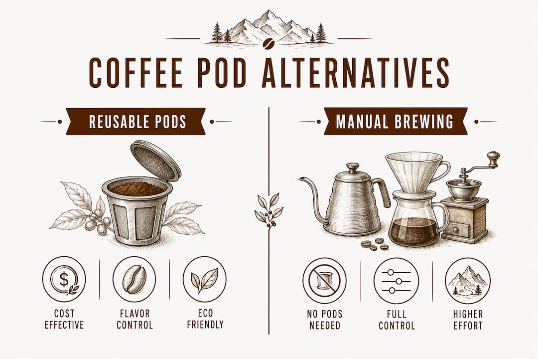 Infographic comparing reusable pods versus manual brewing