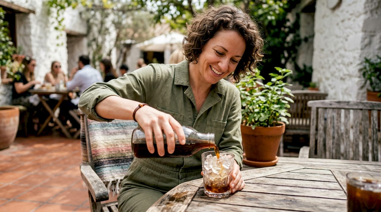 Woman pouring iced coffee into glass at home