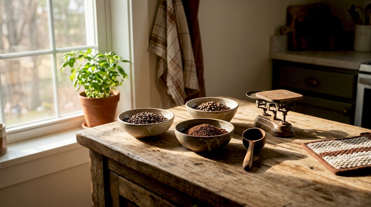 Overhead view of ground coffee samples in bowls