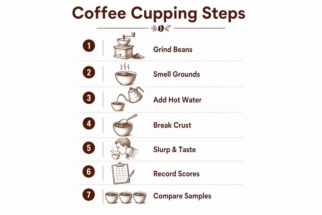 Infographic illustrating coffee cupping step-by-step process