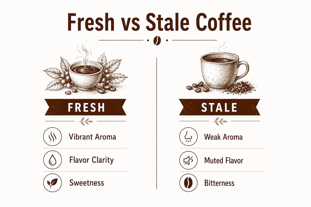 Infographic comparing fresh and stale coffee characteristics