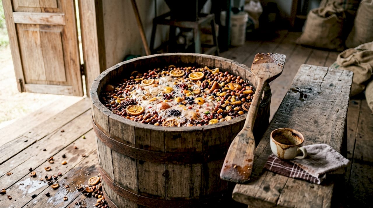Overhead view of coffee co-fermentation tank with fruit