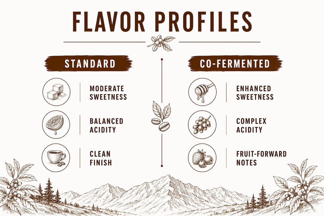 Infographic comparing co-fermented versus standard coffee flavor profiles