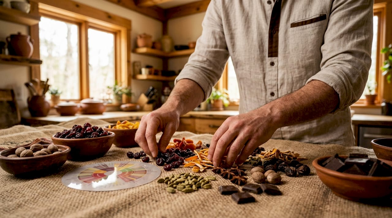 Hands arranging coffee flavor samples with flavor wheel