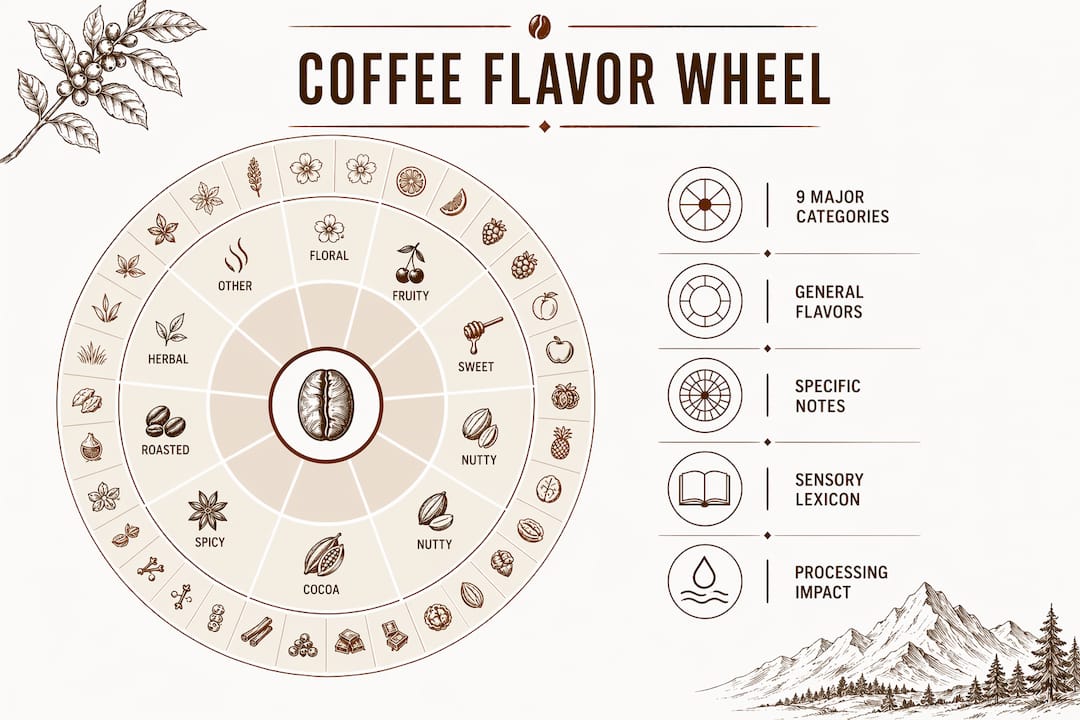 Infographic illustrating coffee flavor wheel structure