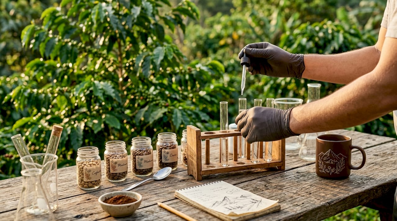 Hands conducting lab test on coffee samples