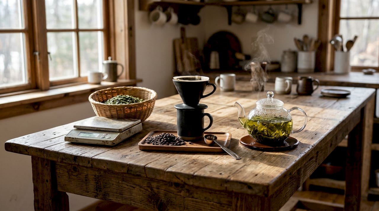 Overhead view of coffee dripper and glass teapot brewing