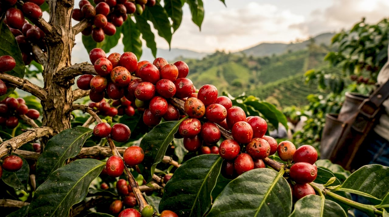 Close-up of ripe Geisha coffee cherries on branch at farm