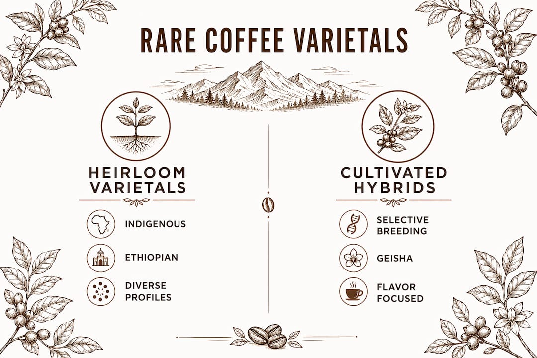Infographic comparing heirloom and cultivated rare coffee varietals