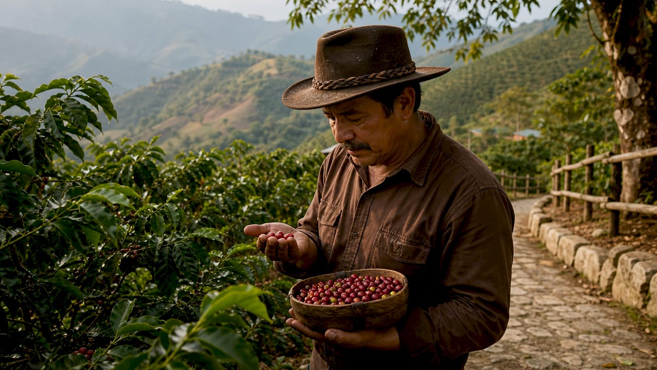 Coffee farmer inspecting ripe coffee cherries
