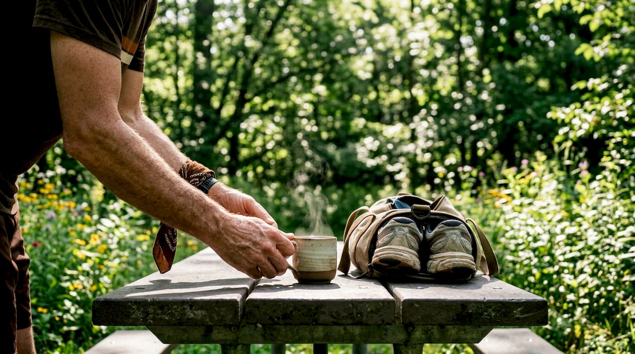 Hands placing coffee cup on desk near workout items