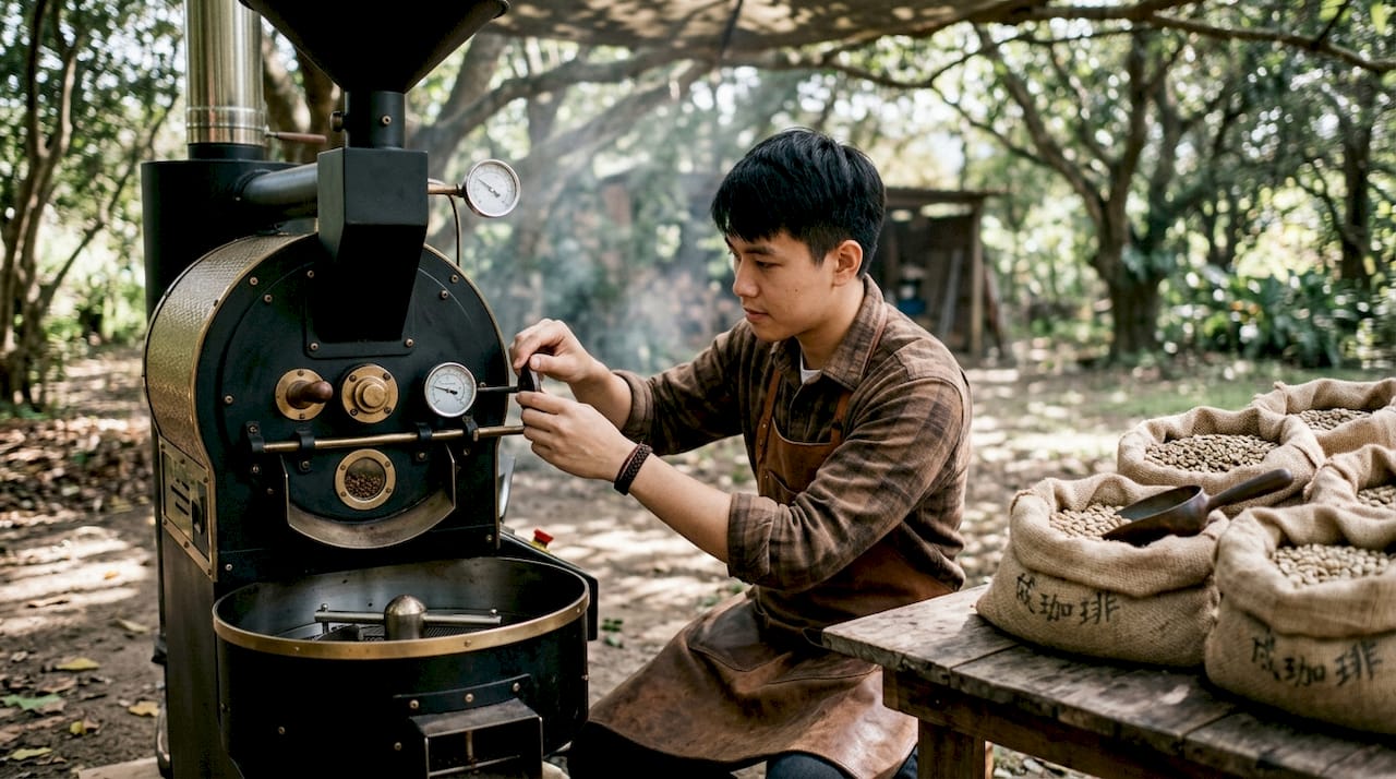 Roaster monitoring small-batch coffee roasting machine