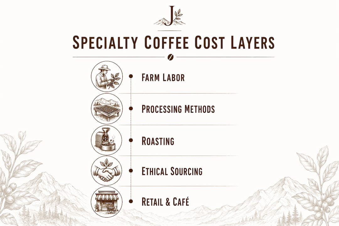 Infographic showing specialty coffee cost layers and stages