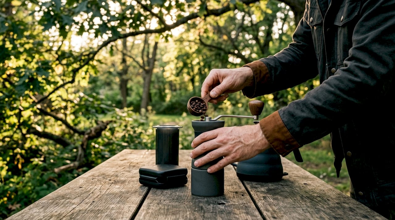 Hands weighing coffee beans on scale