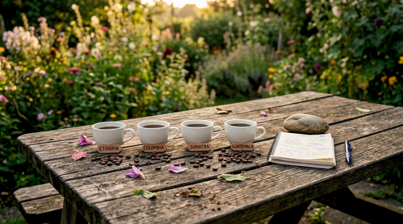 Overhead view of coffee cups from diverse origins