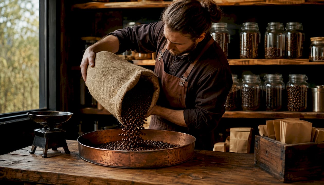 Hands scooping fresh roasted coffee beans