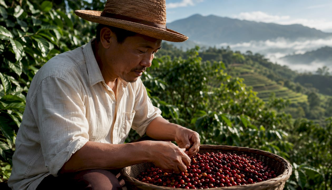 Farmer holding fresh coffee cherries in mountain farm