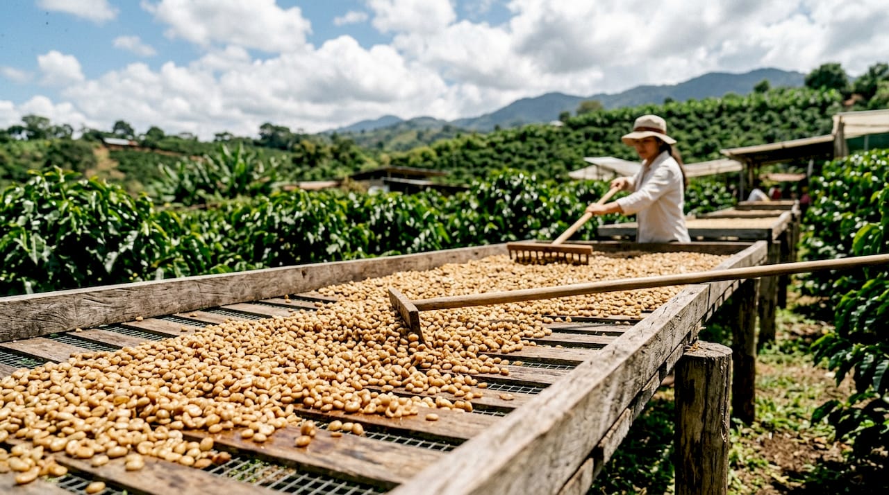 Close-up of honey processed coffee beans drying outdoors