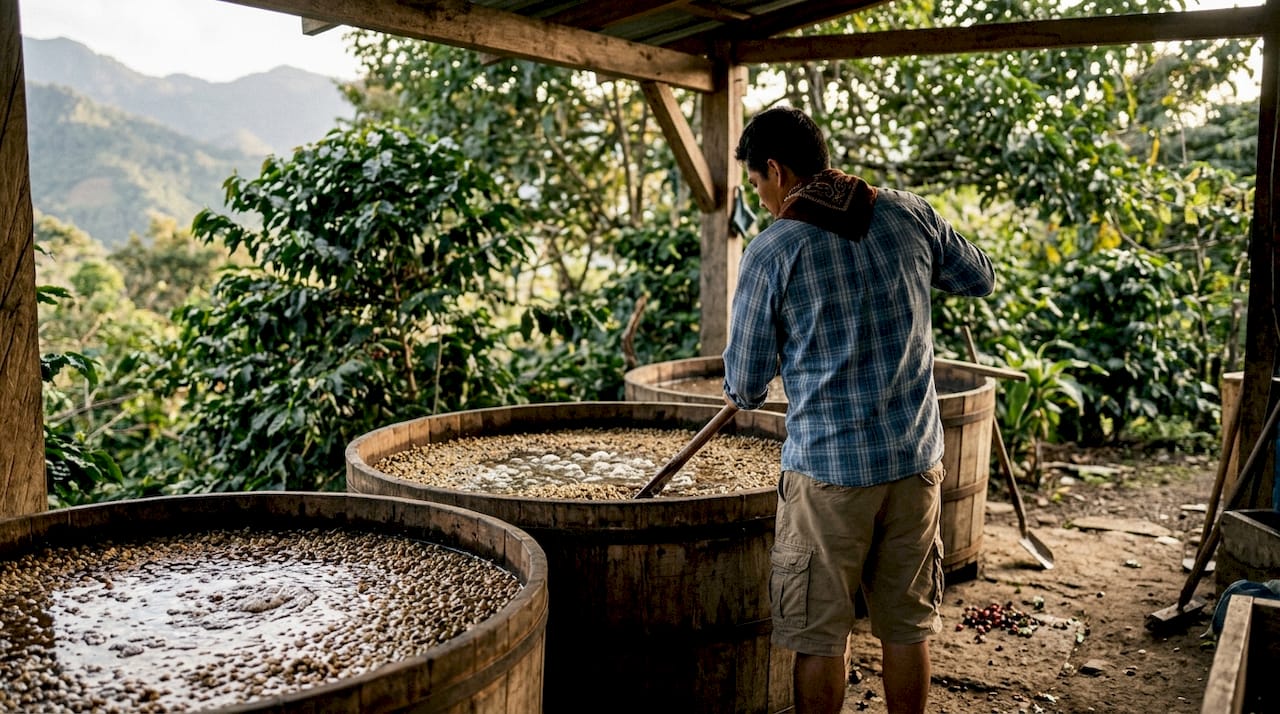 Worker stirring washed coffee fermentation tank