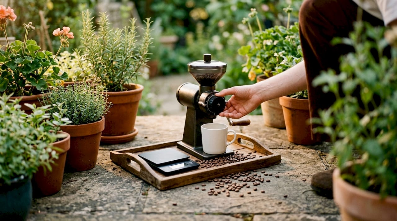 Hand adjusting coffee grinder setting