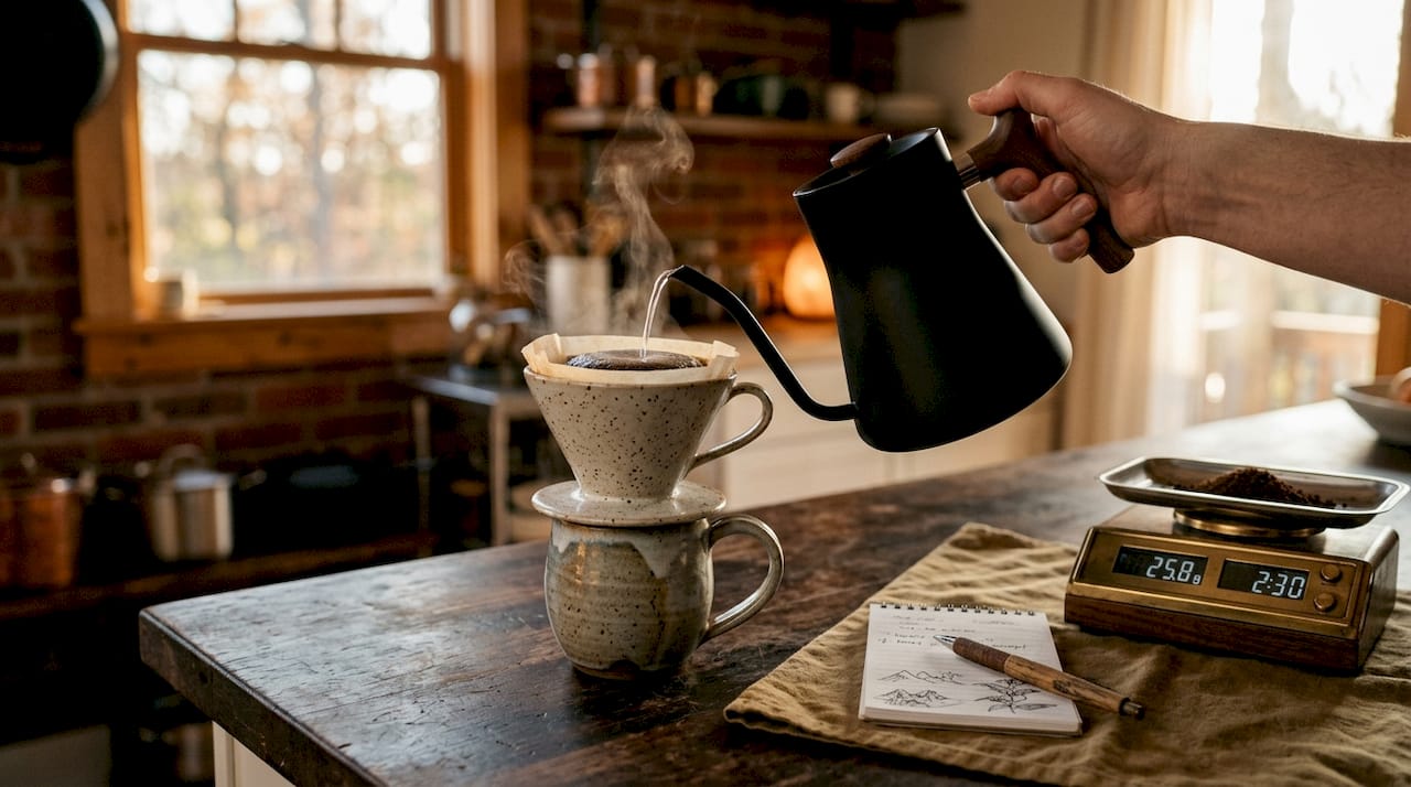 Top view of pour-over coffee brewing