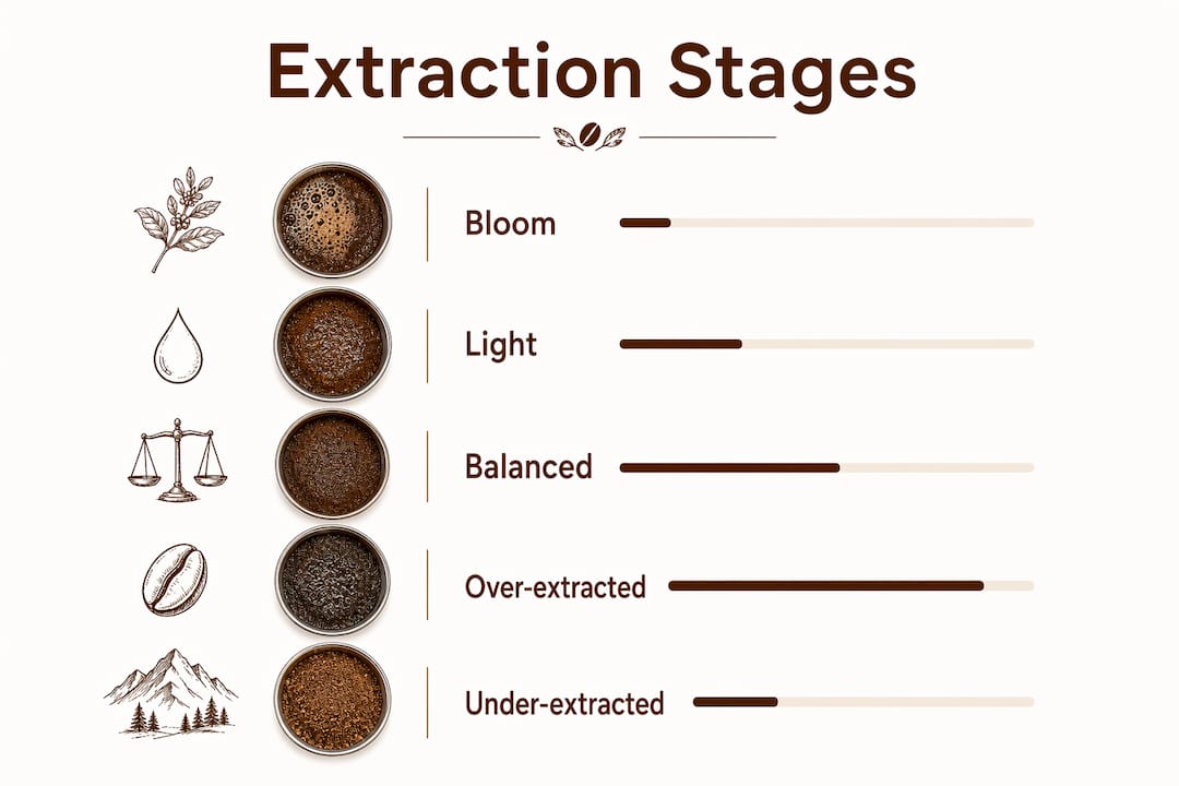 Infographic showing coffee extraction stages with key steps